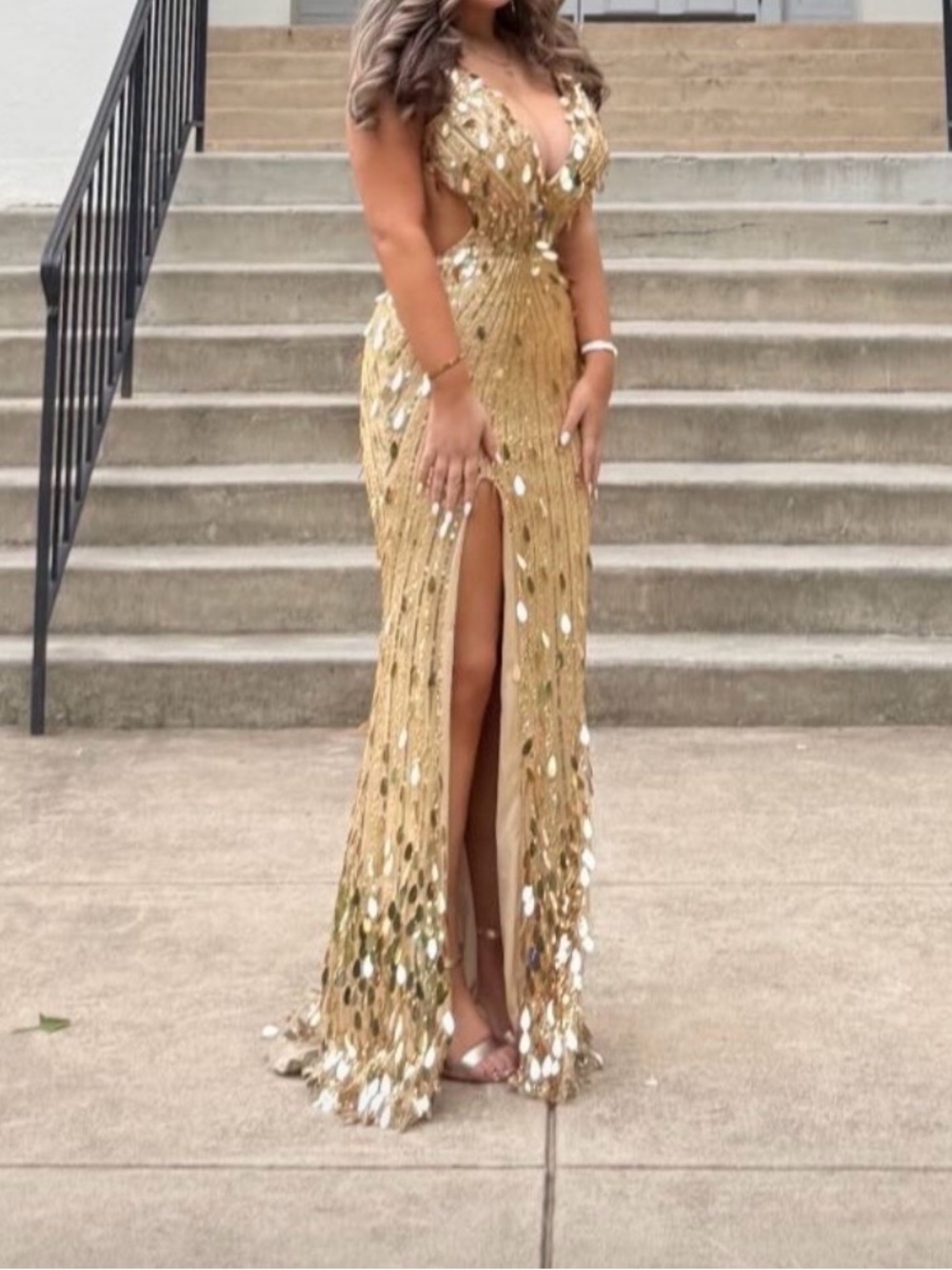 Azazie Gold Sequin Evening Gown with High Slit